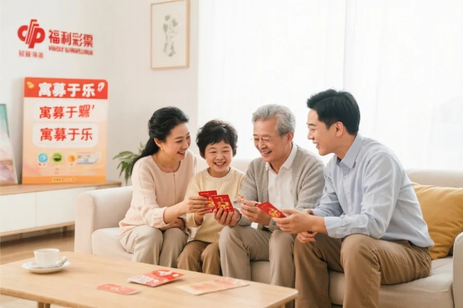 一家人围坐在一起,温馨地讨论着手里的福利彩票,背景为明亮的客厅,突出“寓募于乐”的健康购彩氛围